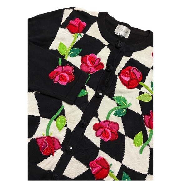 just be Sweaters - Just B Cardigan Women's M Black White Floral Roses Embroidered Beaded Y2K‎